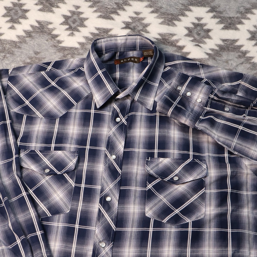 Roper Mens 2XLT Blue Shadow Plaid Western Pearl Snap Long Sleeve Shirt